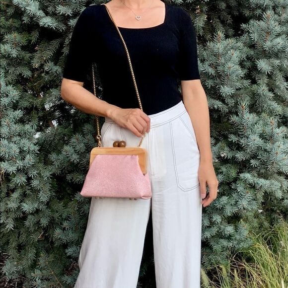 Pink Handmade Embossed Cowhide Wooden Frame Purse/with 2 Chain Styles - Picture 8 of 15